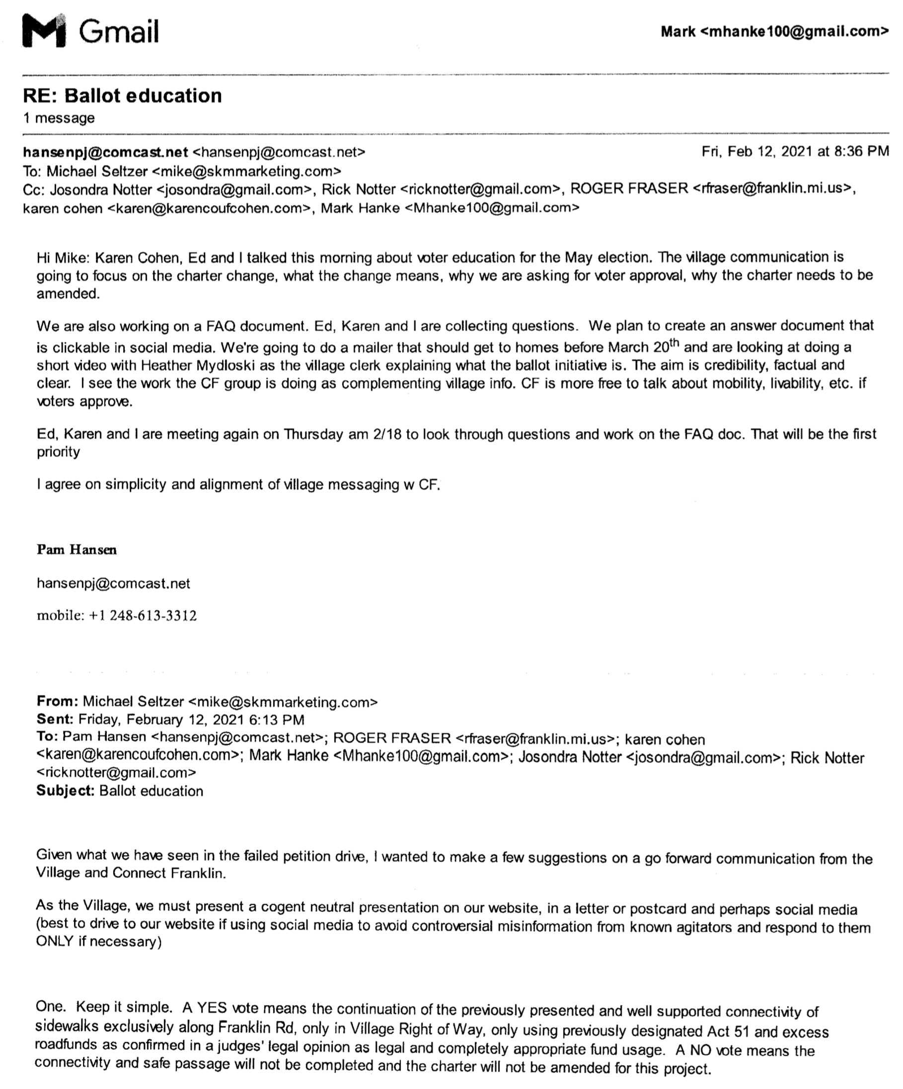 Pam Hansen using public resources like village PR, Village administrator, to mislead voters.  colluding with connect franklin a vote yes committee