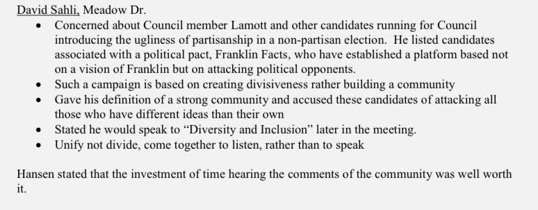David Sahli attacking Franklin village trustees and candidates DEI sahli4franklin