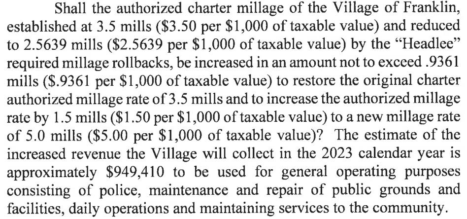 Village of Franklin Headlee Rollback ballot language originally proposed for november 8 ballot proposal  initiative.  Millage tax increase pam hansen, david goldberg, david sahli, michigan
