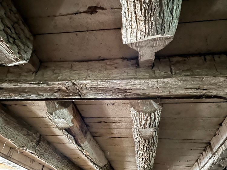 Pickering Farm historic construction hand chiseled tree beams.  Franklin mi