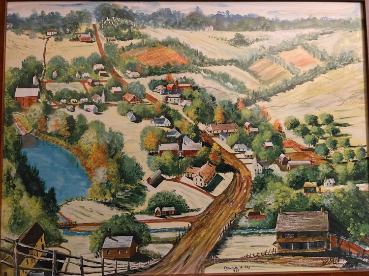 Ken Bristol Painting of Franklin Village 1875 (made in 1966).  see sketch for numbering
1.	Otto Berger homestead
2.	Mine Leet Home
3.	Cemetary
4.	Early Log School
5.	Red Brick School
6.	Early School
7.	Black Smith Shop
8.	Black Smith Shop
9.	German Mill
10.	Methodist Church
11.	Parsonage
12.	Rust’s General Store
13.	Samuel Green’s house and barn
14.	Stoughton Store
15.	Br. Buell’s Horse barn
16.	DR. EBENEZER BUELLS HOME
17.	Lysander Dunbar general store
18.	Dunbar home
19.	Dave cummins buggy wagon shop
20.	Dave cummins home
21.	MCCRUMB SHOW SHOP
22.	Van Every Hotel “temperance hotel”
23.	Black smith shop
24.	Cheese factory
25.	Van every grist mill
26.	Jo Bub Van every home
27.	Whiskey distillery
28.	1837 home
29.	Mill pond
