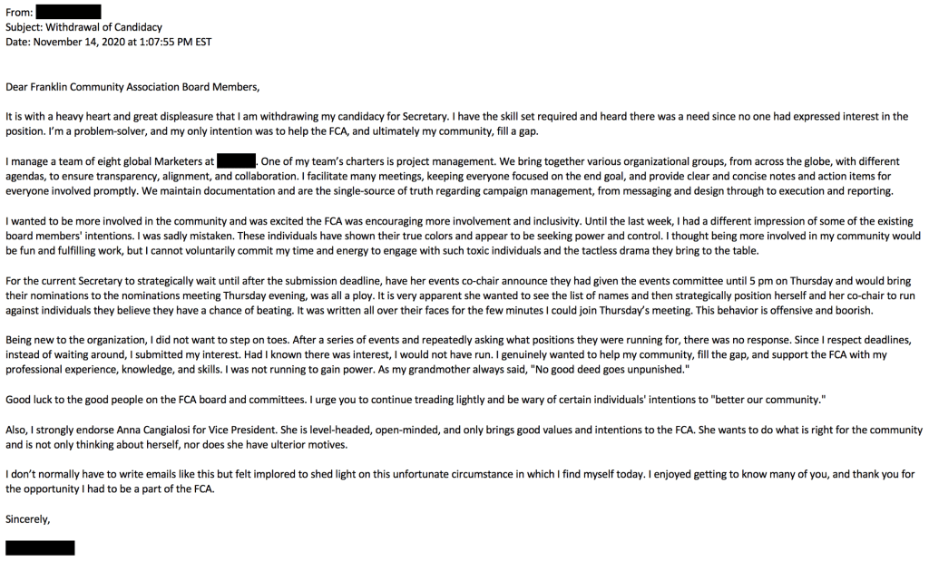 Angelina Sulaka the lawyer attempts to overthrow Franklin Community Association FCA with her husband David sahli the village trustee
