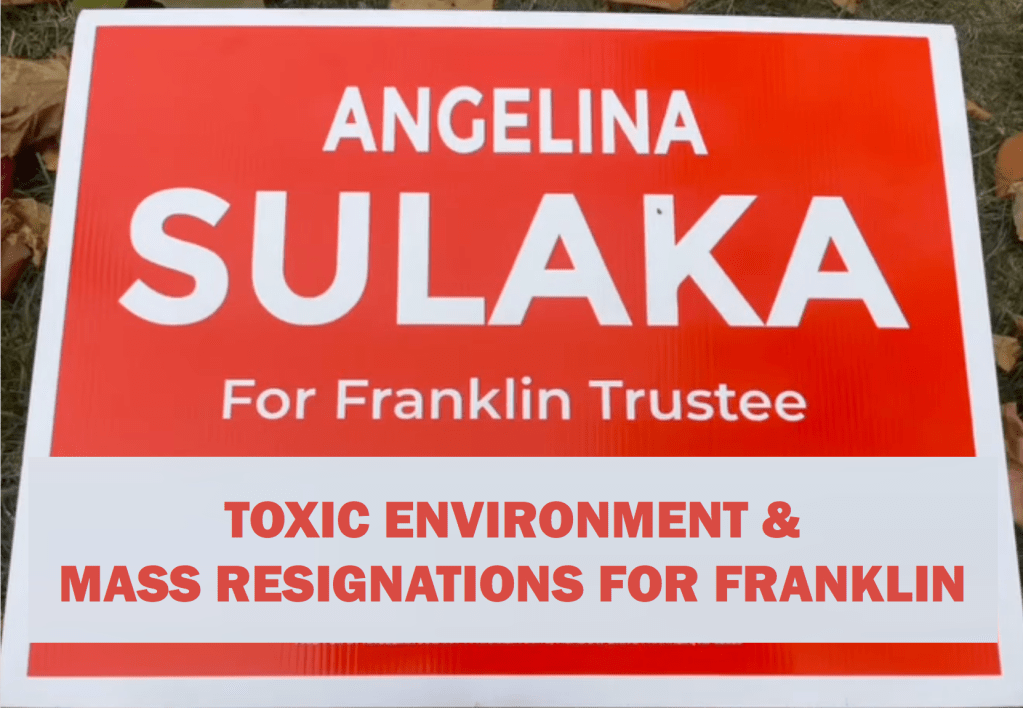 What Angelina Sulaka's political sign should have read instead of "more life for franklin".  Racism, age discrimination, and bullying lead to entire office staff resigning.