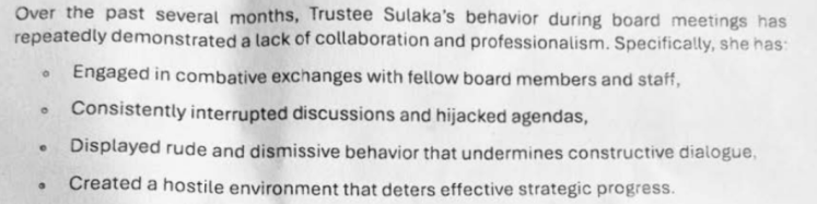 explanation of why Angelina Sulaka village trustee, and lawyer should be removed as the council appointed  MSF board member