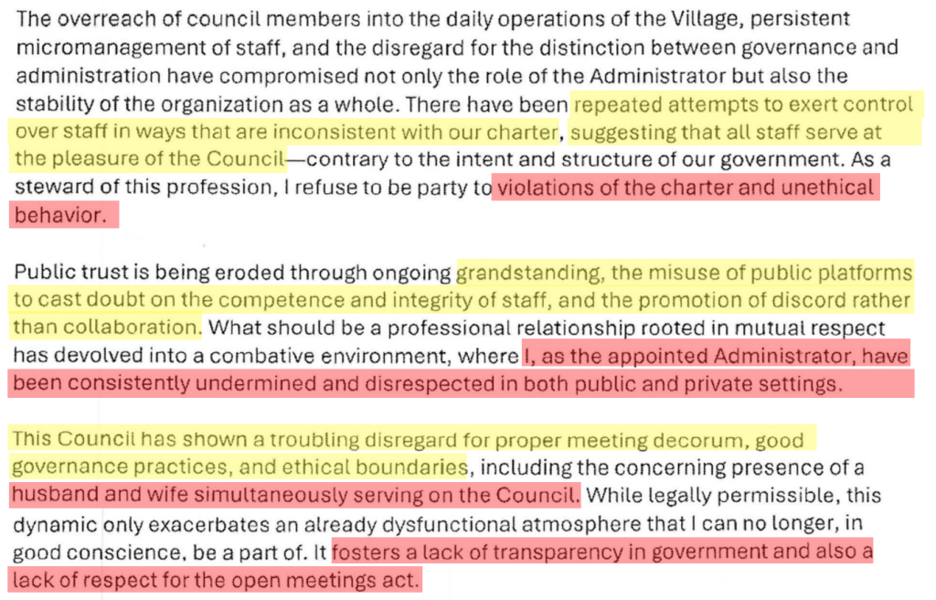 details from franklin village administrator on why they resigned.  Angelina Sulaka, David Sahli, unethical, trustee, charter violation, husband wife, lawyer, attorney, micromanagement, bully, threat