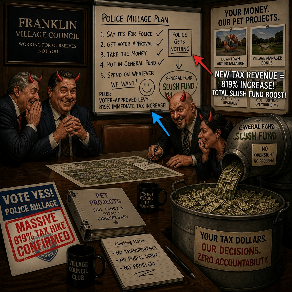 Satirical Franklin Village Council scene with police millage plan, slush fund barrel, tax money, and officials; visible text includes "FRANKLIN VILLAGE COUNCIL WORKING FOR OURSELVES NOT YOU," "POLICE MILLAGE PLAN," "1. SAY IT'S FOR POLICE," "2. GET VOTER APPROVAL," "3. TAKE THE MONEY," "4. PUT IN GENERAL FUND," "5. SPEND ON WHATEVER WE WANT!," "POLICE GETS NOTHING," "GENERAL FUND SLUSH FUND," "YOUR MONEY. OUR PET PROJECTS.," "DOWNTOWN ART INSTALLATION," "VILLAGE MANAGER BONUS," "LUXURY SUV UPGRADE," "GOLF OUTING ON YOUR DIME," "VOTE YES! POLICE MILLAGE MORE POLICE FUNDING! SAFER COMMUNITY!," "PET PROJECTS FUN. FANCY & TOTALLY UNNECESSARY," "IT'S NOT STEALING. IT'S PLANNING.," "MEETING NOTES," "NO TRANSPARENCY," "NO PUBLIC INPUT," "NO PROBLEM," "NO OVERSIGHT NO PROBLEM.," and "YOUR TAX DOLLARS. OUR DECISIONS. ZERO ACCOUNTABILITY."