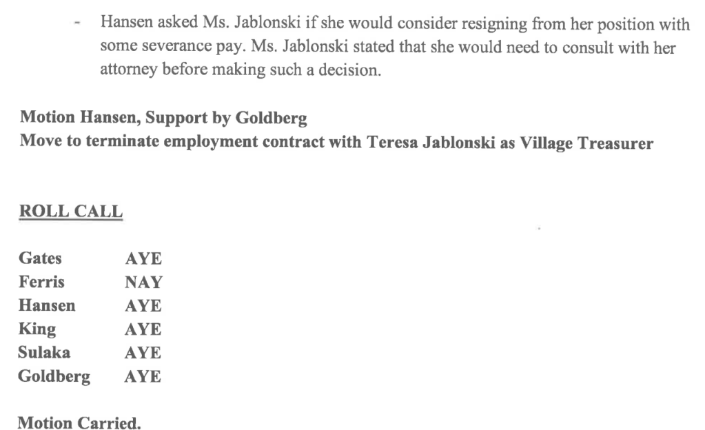 A document displaying a motion to terminate the employment contract of Teresa Jablonski as Village Treasurer, including a roll call of votes from members, with the outcome indicating the motion was carried.